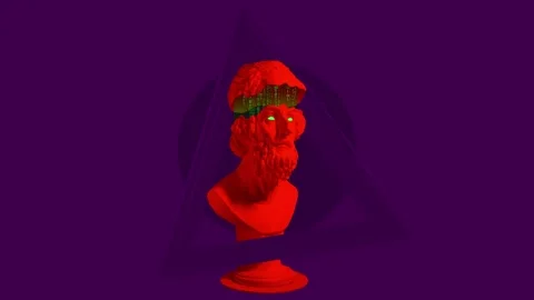 Stop motion. Animation. Red ancient Greek statue with binary code on dark purple Stock Footage 271068137