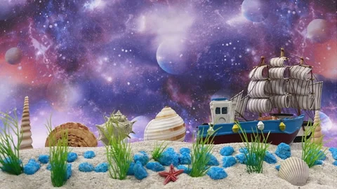 Stop Motion Animation of Sailing Ships with Galaxy and Space Background Video stock 330667031