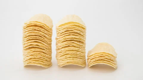 Stop motion animation stack potato chips on white background. Stock Footage 158526084