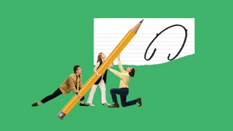 Stop motion, animation. Students hold giant pencil, collaboratively writing on Stock Footage 303130197