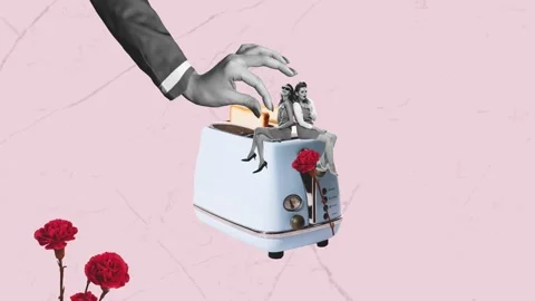 Stop motion, animation. Stylish young women sitting on retro device making toast Stock Footage 273786781