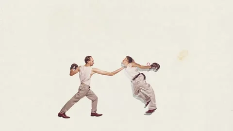 Stop motion. Animation. Two young men in retro clothes fighting, boxing against Stock Footage 256310271
