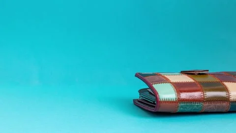 Stop motion animation video of paper money getting into a colorful wallet Stock Footage 131732016
