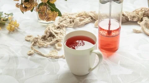 Stop motion animation video of tea with piece of sponge cake decorated with Stock Footage 162551563