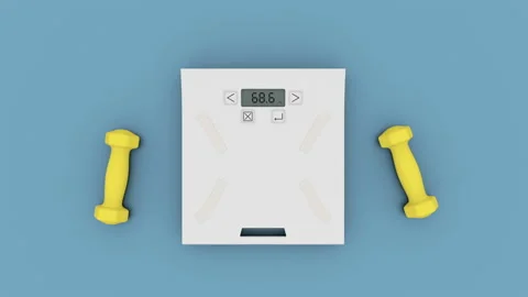 Stop motion animation weight scale and yellow dumbbells on the blue flat layer Stock Footage 158666499