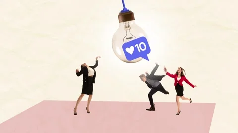Stop motion. Animation. Young people running to light bulb with like icons. In 스톡 동영상 261724049