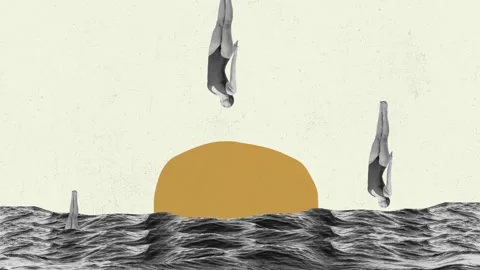 Stop motion. Animation. Young slim woman in swimming suit diving into sea water Stock Footage 256009627