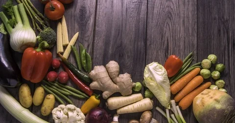 Stop motion of an assortment of fresh, healthy, organic vegetables Stock Footage 72381889