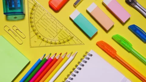 Stop Motion Back To School Supplies On Yellow Background Stock Footage 315200349