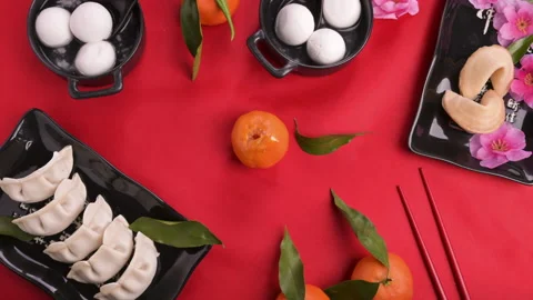 Stop Motion Chinese new year food and drink still life. Food and drinks Video stock 146648096