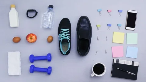  stop motion - close up of objects for exercise and office working Stock Footage 98437734