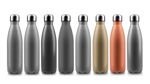 Stop motion concept. Set of colorful reusable steel stainless thermo bottles. Stock Footage 140775226