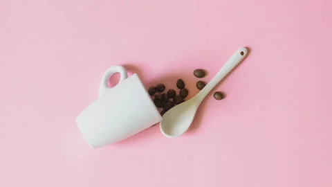 Stop motion creative video animation of coffee ceramic espresso cup, spoon Stock Footage 280481455