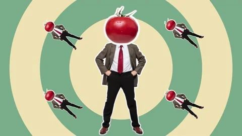Stop motion design or art 2D animation. Dancing businessman with tomato head. Stock Footage 158088947
