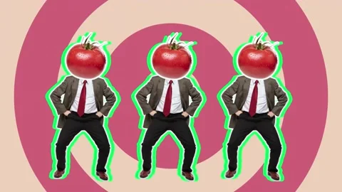 Stop motion design or art 2D animation. Dancing businessman with tomato head. Video stock 158235922