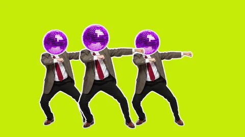 Stop motion design or art animation. Dancing businessman with disco ball head Foto stock
