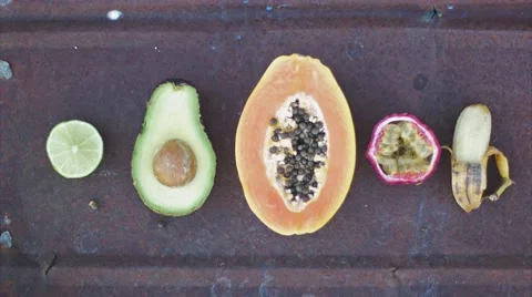 Stop motion fruits on a flat lay Stock Footage 67378785