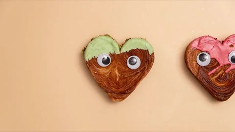 Stop motion Funny personalized eyes Creative ides Valentines Day flat lay top Stock Footage 320363377