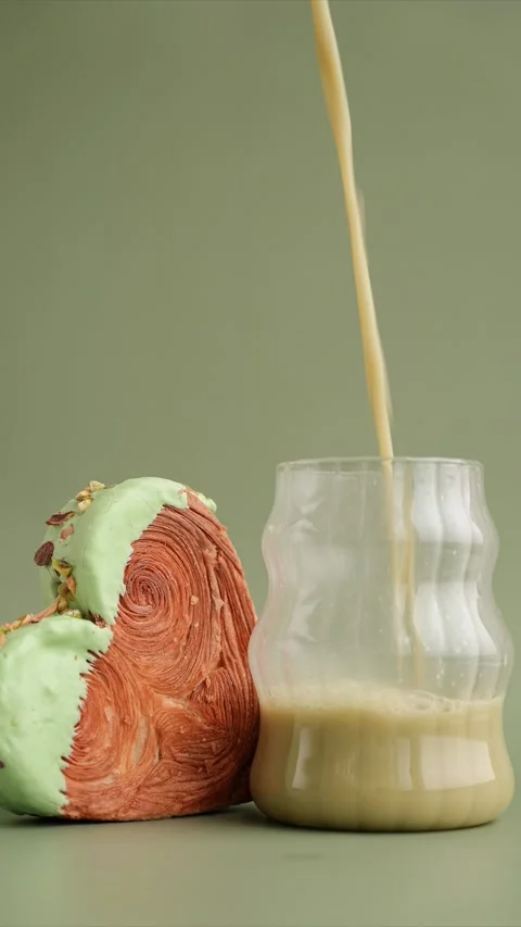 Stop motion of Green tea Matcha latte cappuccino beverage Morning breakfast gift Stock Footage 319428513