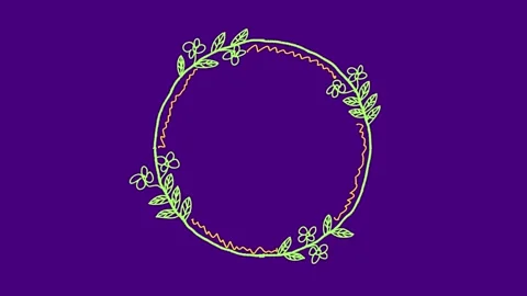 Stop motion hand drawn flower circle frame on vibrant purple background Stock Footage 322143600