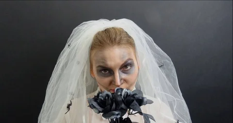 Stop motion of the horrible corpse bride with the bride's bouquet Stock Footage 93051031