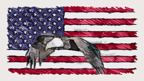 Stop motion of marker drawn USA flag with bald eagle fly cartoon animation Stock Footage 82558140