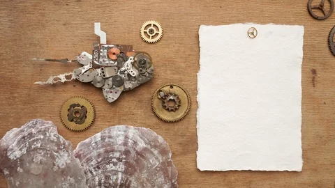 Stop motion with metal fish and seashells Stock Footage