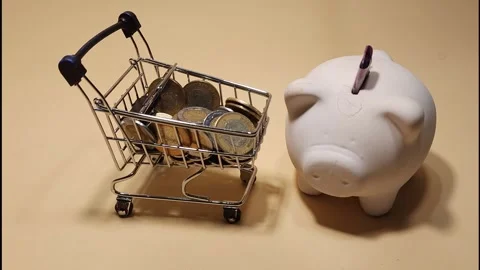 Stop motion: Money pours out of the shopping cart and the piggy bank dances.. Stock Footage 319573595