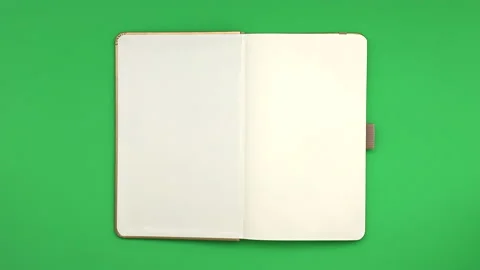 Stop motion notebook animation open blank pages for writing on green background Stock Footage