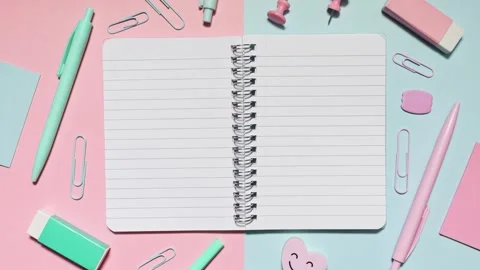 Stop Motion Notebook Opens On Pink And Blue With Matching Stationery Video stock 315085224