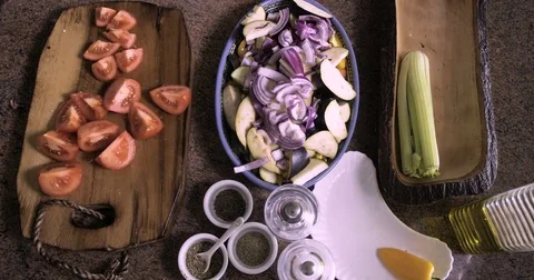 Stop motion of the preparation of Mediterranean vegetables for roasting Stock Footage 72381895