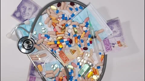 Stop motion, Swedish krona banknotes hiding among face masks and medical pill Stock Footage 319570453