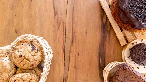Stop motion Sweets on the table. Chocolate cake, brownie, cookies and chocol Stock Footage 155069694