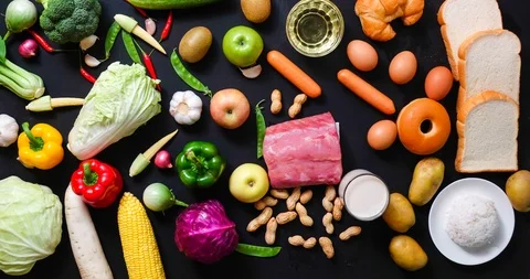 Stop motion top view a vegetables on wood table ,for copy space , 4K video Stock Footage 90599894