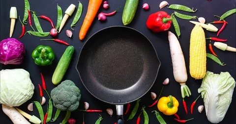 Stop motion top view a vegetables on wood table ,for copy space , 4K video Stock Footage 90601027