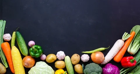 Stop motion top view a vegetables on wood table ,for copy space , 4K video Stock Footage 90602934