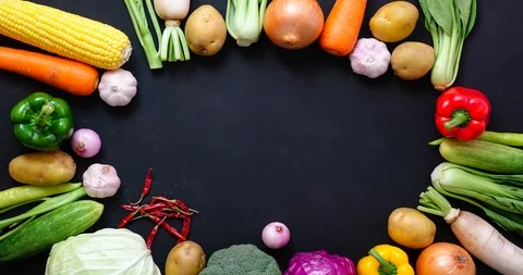 Stop motion top view a vegetables on wood table ,for copy space , 4K video Stock Footage 90603007