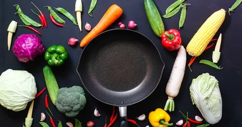 Stop motion top view a vegetables on wood table ,for copy space , 4K video Stock Footage 90603471