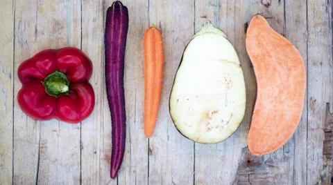 Stop motion vegetables on a flat lay  Stock Footage 67378763