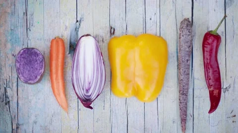 Stop motion vegetables on a flat lay  Stock Footage