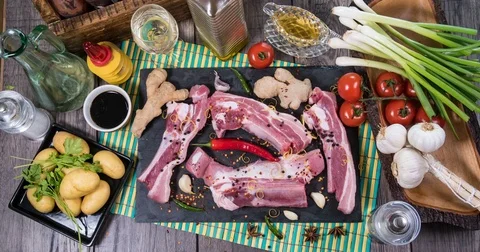 Stop motion view of ingredients for delicious braised sticky king pork ribs Stock Footage 75281715