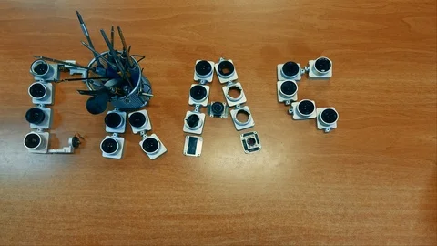 Stop Motion. The word "Crash" is forming from cameras of broken drones. 4K. Stock Footage 86841816
