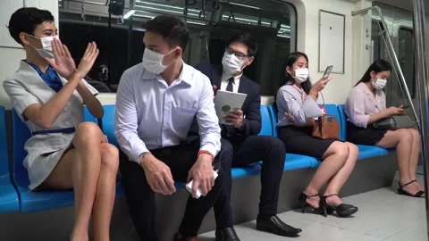 Stop not sitting to the next each  seat keep social distancing in public tran Stock Footage 147234252