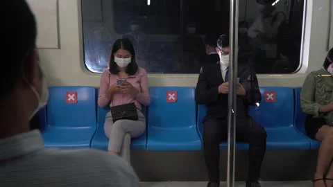 Stop not sitting to the next each  seat keep social distancing in public tran Stock Footage 147235159