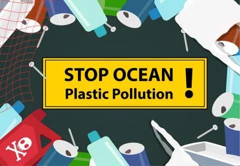 Stop ocean plastic pollution background with junk Stock Illustration