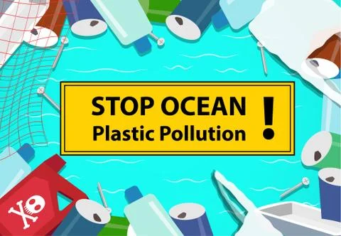 Stop ocean plastic pollution background with junk Stock Illustration