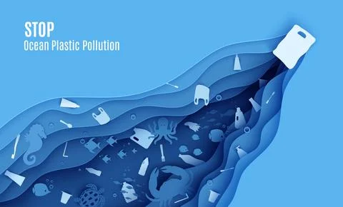 Stop ocean plastic pollution banner design template in paper cut style. Papercut Stock Illustration
