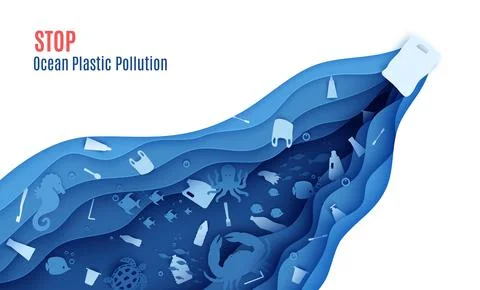 Stop ocean plastic pollution banner design template in paper cut style. Papercut Stock Illustration
