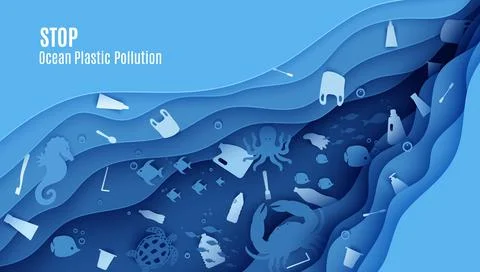 Stop ocean plastic pollution banner design template in paper cut style. Papercut Stock Illustration