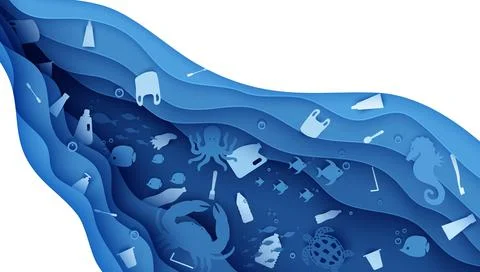 Stop ocean plastic pollution banner design template in paper cut style. Papercut Stock Illustration